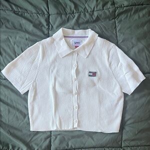 Tommy Jeans White Textured Button-Up Shirt (Cropped)